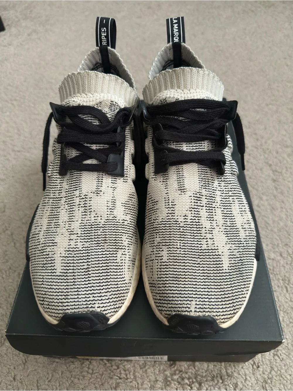 Adidas Boost NMD_R1 Primeknit Sesame Black White AQ0899 Size 12